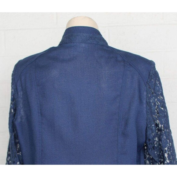 Chico's 1 M 8 10 Navy Blue Sheer Lace 3/4 Sleeves Open Front Zip Pockets Jacket - Picture 6 of 10